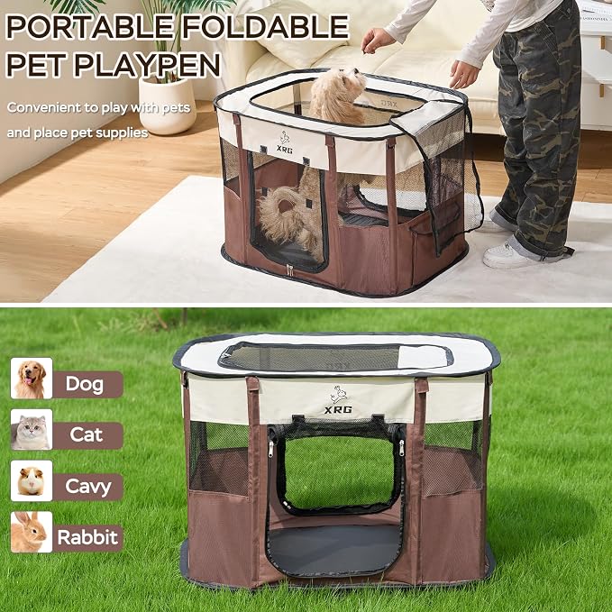 XRG Foldable Pet Playpen,Indoor Cat cage Puppy Crates L(35.4"x27.6"x23.6") | Portable Dog Crates with Upgrade Breathable Mesh，Sturdy Cat Kennel Indoor & Outdoor for Rabbit or Small Animals，Brown