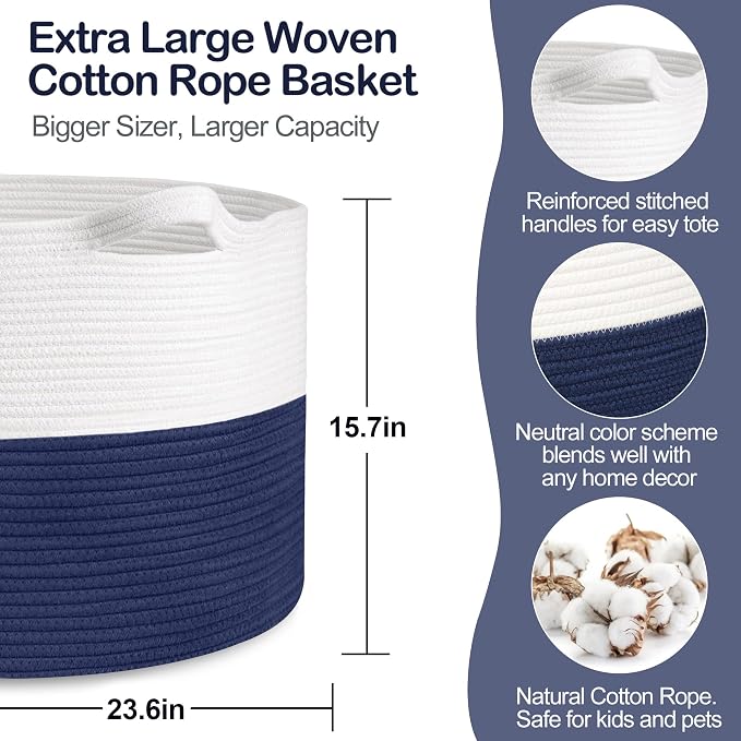 MEGASKET 115L Super Large Blanket Basket, Cotton Rope Woven Bin for Toy, Clothes, Laundry, Shoes, Toy Box for Living Room, Oversized Organizer, XXXL Jumbo Basket for Blankets, 23.6"x15.7", Navy Blue