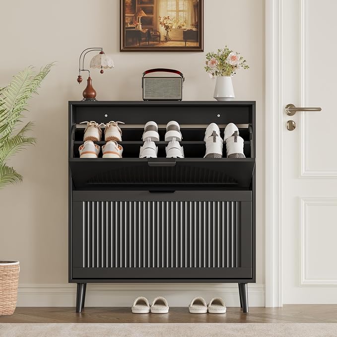 BORNOON Shoe Cabinet for Entryway with 2 Flip Drawers, Slim Wooden Shoe Storage Organizer with Modern Fluted Pannel，Freestanding Narrow Hidden Shoe Rack for Hallway, Foyer, Living Room