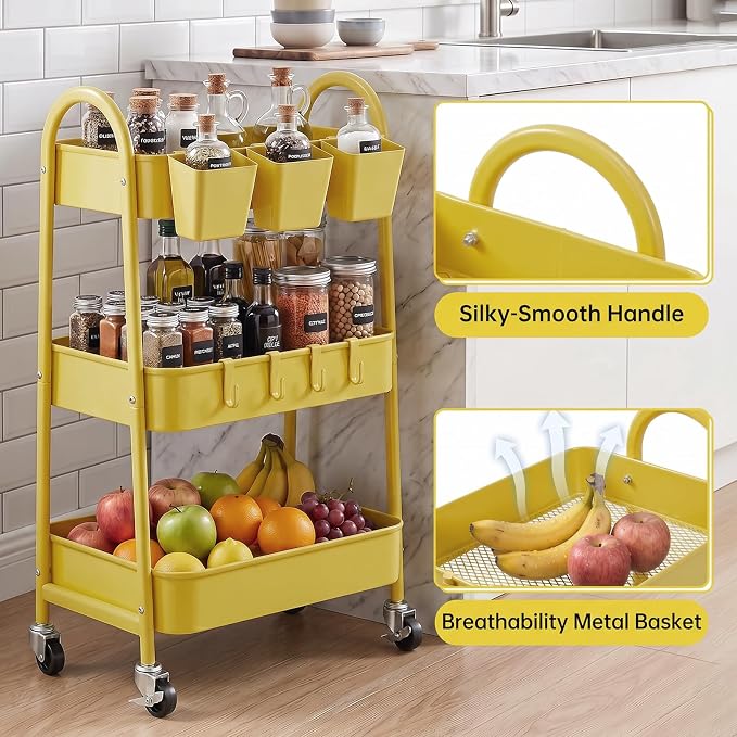 danpinera 3-Tier Rolling Cart, Utility Cart Mobile Metal Rolling Storage Cart with Lockable Wheels & Hanging Cups & Hooks for Kitchen, Bathroom, Office, Workshop, Yellow