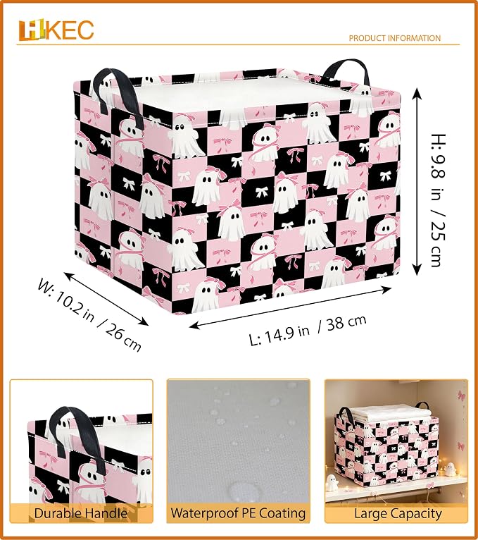 Rectangle Storage Basket with Handles,Collapsible Storage Bin,Gift Basket(Pink Check Halloween)