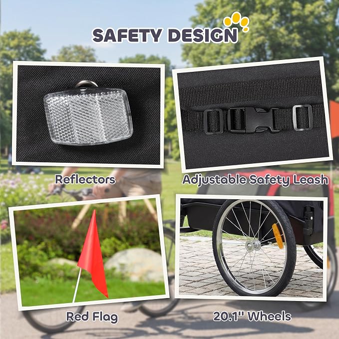 PawHut Dog Bike Trailer 20" Air Tires for Small Medium Breeds 44 lbs | Pet Cart Bicycle Carrier, Quick-Release Wheels, Reflectors, Flag, Dog Cart for Bicycle