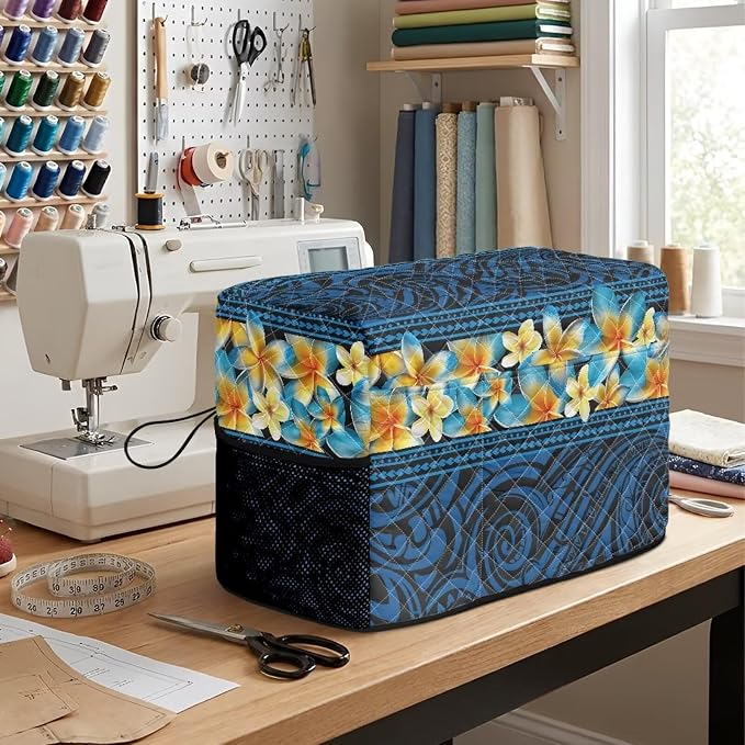 Sewing Machine Cover Polyester Febric Tribal Tattoo Plumeria Print | Dust Pet Hair Protection,Quilting Design,Fits Standard Singer,Brother Janome Machines,Protecting Decorating Your Sewing Space