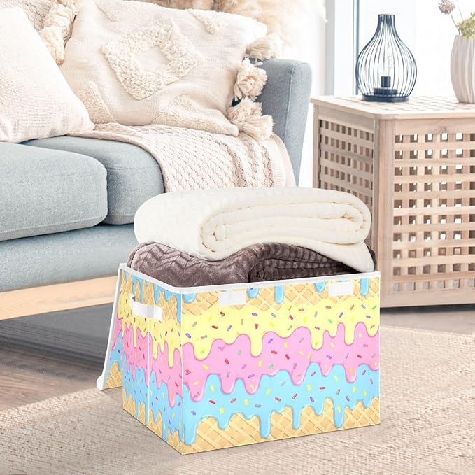 Icecream Waffle Storage Bins with Lids Closet Bedroom 40L Fabric Bin | Decorative Storage Boxes, Foldable & Stackable, Dust-Proof Flip Top, Reinforced Handles, For Home & Dorm, Clothes & Toy Box