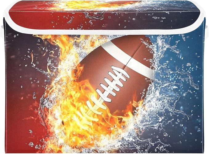 Fabric Storage Bins with Lid Football Fire Water Closet Storage Basket 40L | Decorative Storage Boxes, Dust-Proof Flip Top, Reinforced Handles, For Home & Bedroom, Clothes & Toy Box, Oxford Fabric Print