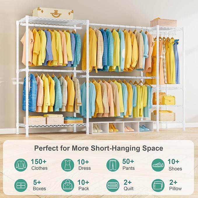 SEMHOR E01 Expandable Heavy Duty Clothes Rack, Free Standing Closet System | Adjustable Closet Organizers and Storage, Portable Garment & Clothing Racks for Hanging Clothes, 800LBS Max Load, White