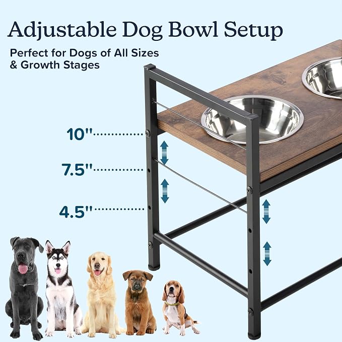 Elevated Dog Bowls with Storage - Elevated Dog Bowl Stand with 3 Adjustable Heights, Toy Bin Basket, and 2 Stainless Steel Bowls - Pet Feeding Station for Small to Large Breeds by PETMAKER (Black)