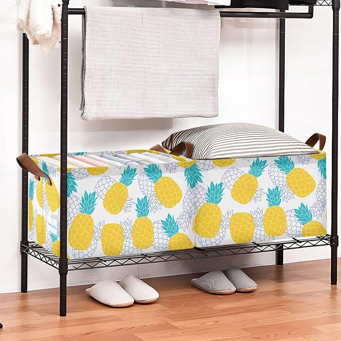 Aqua Blue and Yellow Pineapple Storage Basket Foldable Cube Storage Bins with Handles&Label Waterproof Collapsible Organizer Box Bin Large Rectangle Decorative Baskets for Shelves Home Room Laundry