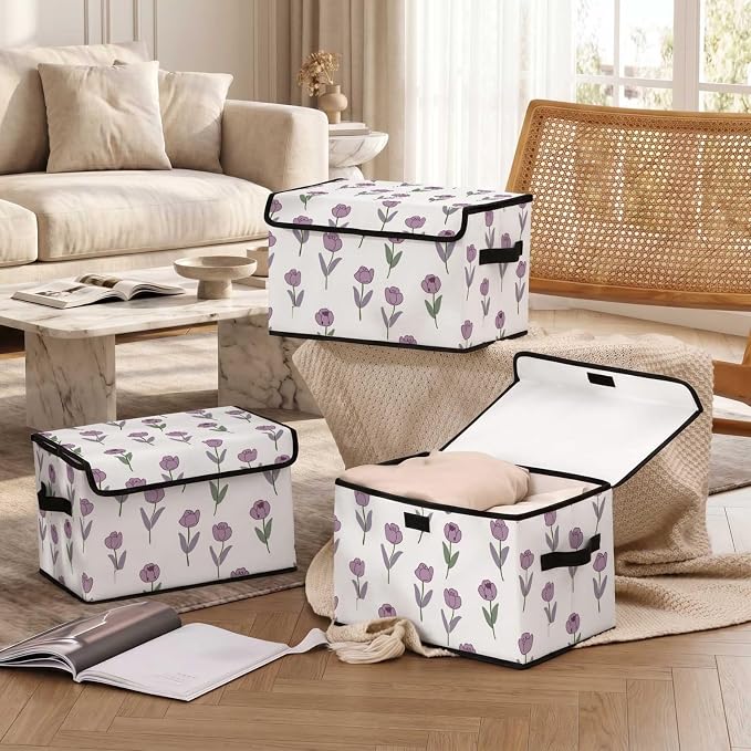 Stackable Storage Bins with Lids, 3 Pack | Closet Organizers, Fabric Box, For Blanket Clothes, Under Bed Storage Containers