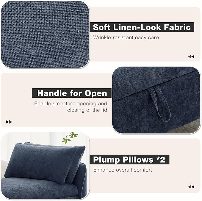 67"End of Bed Storage Bench King Size,Upholstered Bedroom Bench,Blue | Linen Storage Bench for Bedroom End of Bed ,2 Cushion, Vintage Wood Legs ,Tufted,Storage Ottoman Bench for Entryway Window