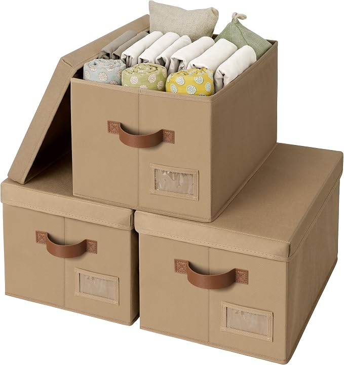 GRANNY SAYS Storage Bins with Lids, Decorative Storage Boxes with Lids | Storage Box with Dust Cover, Handles & Lable, Collapsible, Ideal for Closet Clothes Blanket Toys, Large, Brown, 3-Pack