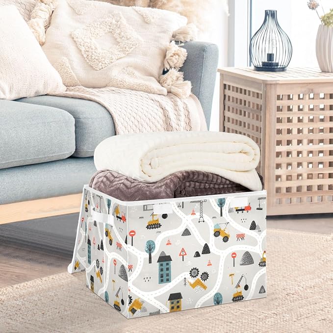 Car Map Pattern Storage Bins with Lids Closet Bedroom 40L Fabric Bin | Decorative Storage Boxes, Foldable & Stackable, Dust-Proof Flip Top, Reinforced Handles, For Home & Dorm, Clothes & Toy Box