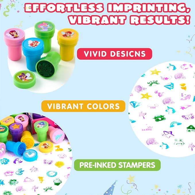 JOYIN 50 Pcs FairyTale's Themed Stamps for Kids - Self-Ink Stamps with 50 Designs for Birthday Party Favor, Carnival Prizes, Goodie Bag, School Treasure Box Toys (Mermaid, Princess, Unicorn Stampers)