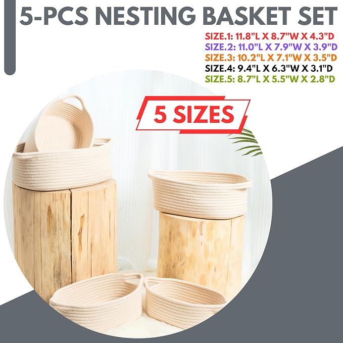 5-Piece Storage Baskets for Organizing, Small Woven Rope Baskets for Storage and Shelves, Dog Cat Toy Basket Box, Pantry Bathroom Organization Bins, Nightstand Organizer, Beige