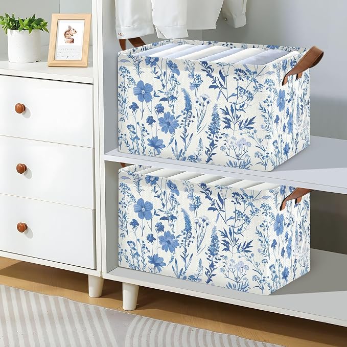 Blue Botanical Floral Wildflower Storage Bins for Shelves with Labels&Handles Fabric Organizer Bin Foldable Rectangle Storage Basket Boxes for Closet, Bathroom, Home, Living Room