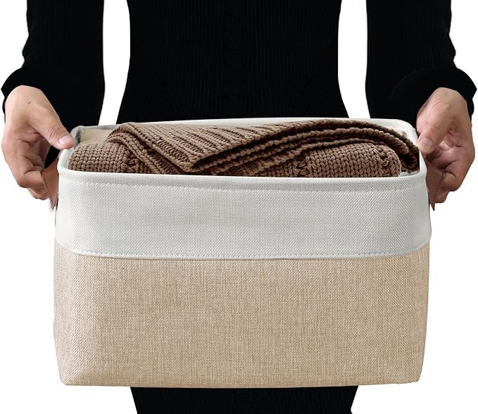 DECOMOMO Storage Bins, Large Fabric Storage Baskets for Shelves 3 Pack | 15 x 11 x 9.5 inches Decorative Linen Closet Organizers with Handles(Beige and White)