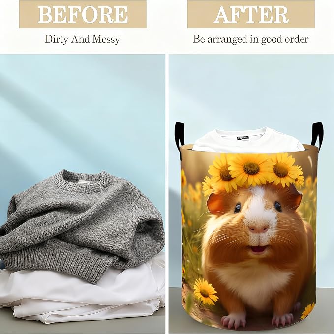 Sunflower Guinea Pig Laundry Basket Hamper for Boys Girls Kids Adults, Foldable Waterproof Oxford Clothes Storage Bin, Pet Organizer for Bedroom Bathroom Room Decor 19.7"x15.8"