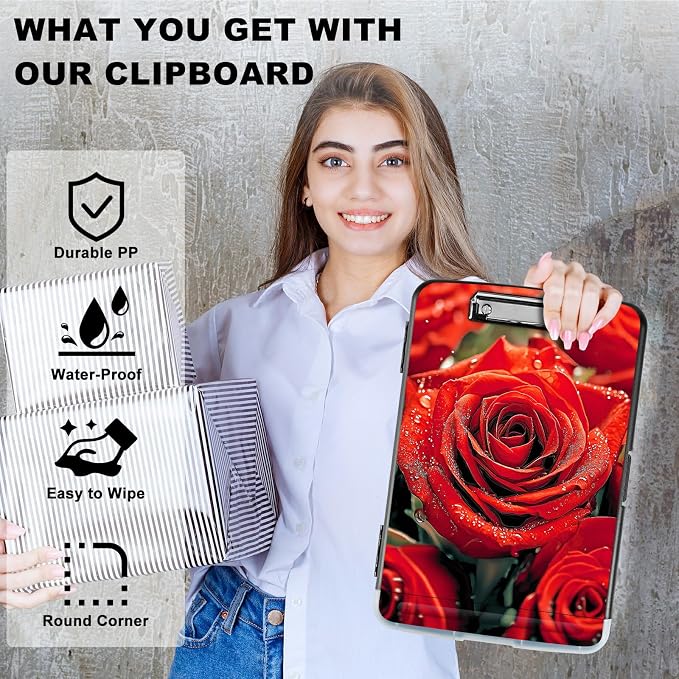 A4 Clipboard with Storage Pen Holder, Clipboards Organizer Nursing Clipboard Foldable File Folder Plastic Clipboard Folio Clip Board for Office Work Classroom Doctor, Red Rose