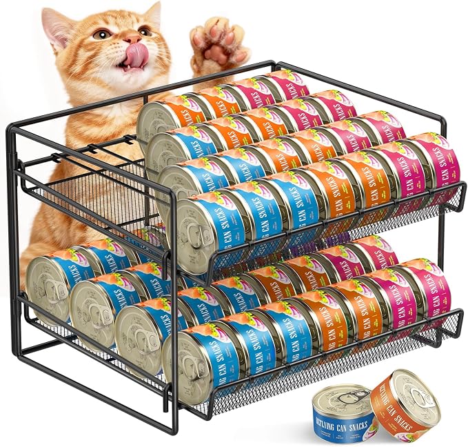 Cat Food Can Organizer 2-Tier Can Organizer for Pantry 56 Cans 3.5oz | Black metal 2-tier cat food can organizer,Holds 56 cans 3.5oz,Adjustable pantry countertop storage for kitchen cabinet