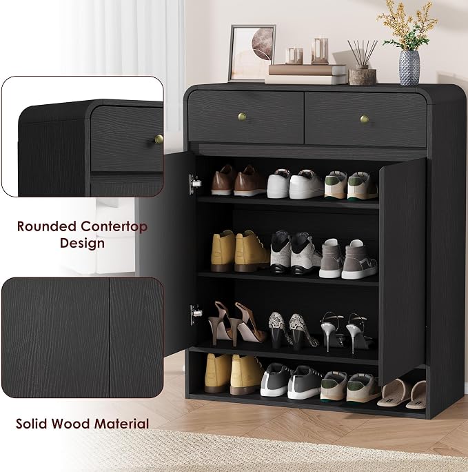 Garvee Shoe Cabinet with 2 Doors and 2 Drawers, Freestanding Wood Shoe Storage Organizer with Open Bottom Shelf, Modern Entryway Shoe Cabinet for Hallway, Foyer, Black