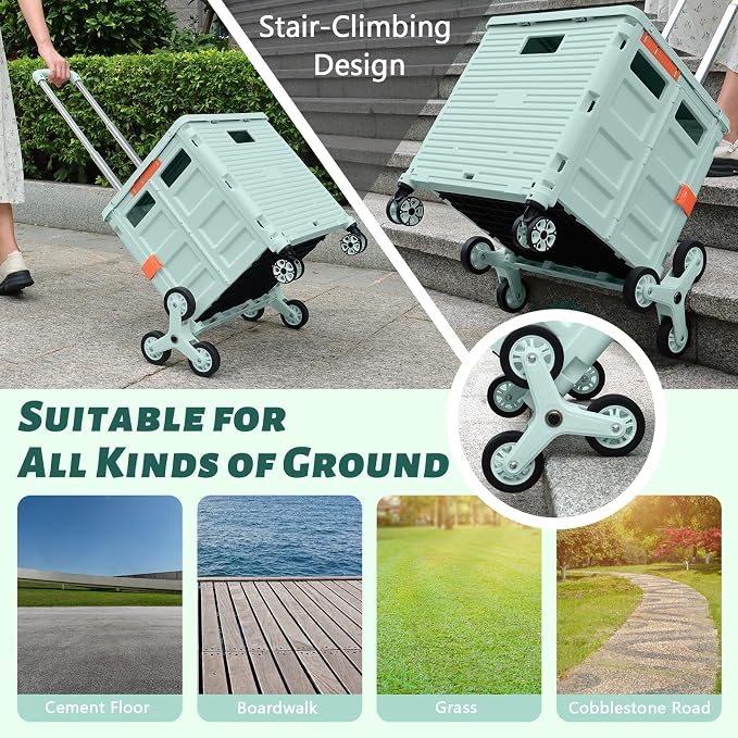 Foldable Utility Cart Collapsible Portable Crate Rolling Carts with Stair Climbing Wheels Tote Basket with Magnetic Lid Telescopic Cover Wear-Resistant 360°Rotate Wheel Noiseless for Shopping Office