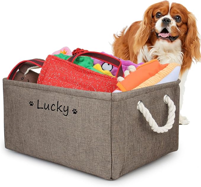 Personalized Dog Toy Storage Basket Bin, Customized Pet's Name Storage, Collapsible Organizer Box for Dog Toys, Clothing, Apparel & Accessories, Brown, Medium