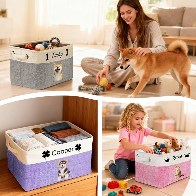 Personalized Dog Toy Basket with Name Photo Custom Dog Food Storage Bins Collapsible Organizer for Toys Dolls Clothing-Pink