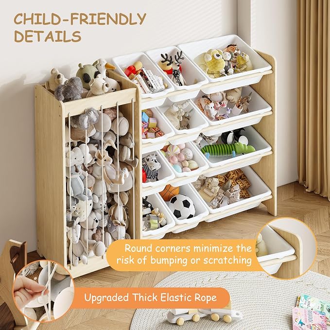 EXPERLAM Kids Toy Storage Organizer, 2-in-1 Stuffed Animal Storage & Toy Organizer w/12 Bins, Solid Wood Toy Rack Featuring Thicker Elastic Ropes to Hold Toys, Playroom Nursery Bedroom Storage, White