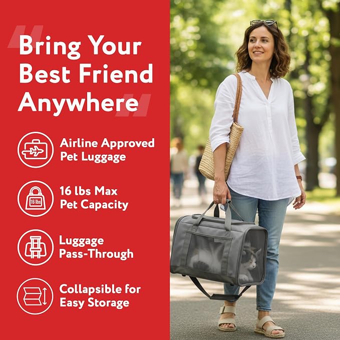 dbest Products Pet Smart Cart Sport, Soft Sided Collapsible Cat Carrier Airline Approved with Mesh Panels and Easy Side/Top Loading, Grey
