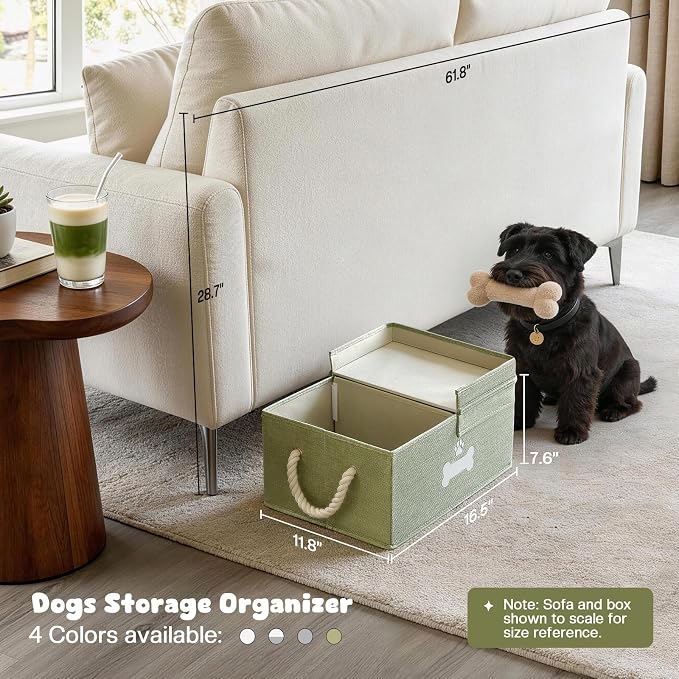 Dog Toy Basket with Double-Open Lid, Divided Dogs Basket for Toys, Collapsible Pet Toy Box, Dog Storage Organizer with 2 Divided Area, Puppy Toys Baskets with Rope Handles, Green