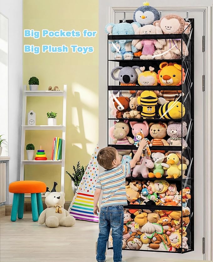 Heavy Duty Stuffed Animal Storage, 4-Tier Clear Extra Large Over The Door Organizer for Stuffies, Baby Ideas Holder, Toy Plush Hanging Organizer Big Girls Toddler Bag Animals Stuffy, Black
