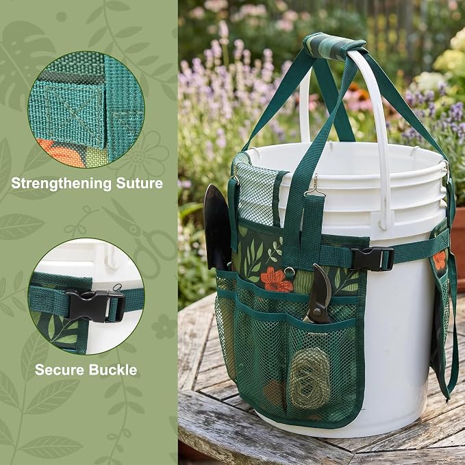 Bucket Tool Organizer - Multi-Purpose Garden Tool Caddy Fits 3.5 to 5 Gallon Buckets - Heavy Duty 600D Tool Bag Pouch with Mesh Pockets for Car Wash, Fishing, Construction (Green Flower)