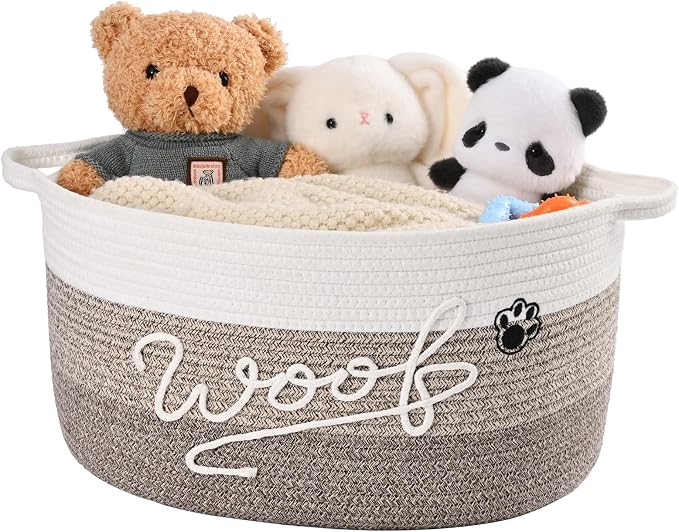 Woof Dog Toy Basket with Handles, Large Dog Toy Storage Bin with Paw Print, Woven Dog Basket for Blankets, Toys, Chews, Pet Toy Box for Nursery, Living Room, Bedroom, 20”x14”x9, Brown