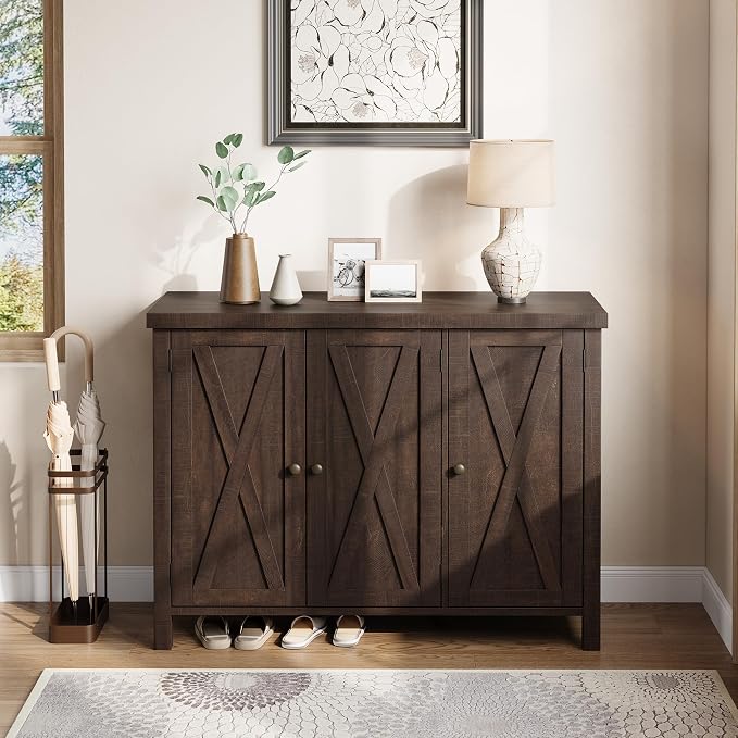 Farmhouse Shoe Cabinet with 3 Barn Doors & Wood Legs, 5-Tier Shoe Storage Cabinet with 3 Adjustable Shelves, Tall Shoe Rack Organizer for Closet, Shoe Organizer for Entryway, Hallway, Dark Cherry