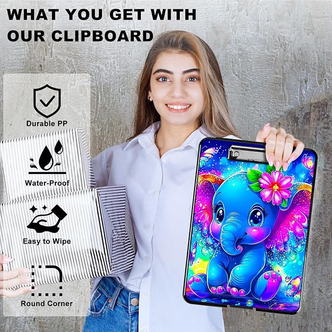 Blue Elephant Flowers A4 Clipboard with Storage Pen Holder, Clipboards Organizer Nursing Clipboard Foldable File Folder Plastic Clipboard Folio Clip Board for Office Students Classroom