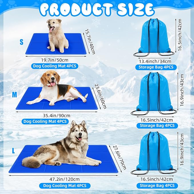 Drydiet 4 Pack Dog Cooling Mat - 13'' X 16'' Solid Gel Self Cooling Mat with Storage Bag Pressure Activated No Refrigeration or Electricity Needed Pet Pad for Dogs & Cats Kennels, Crates, Beds