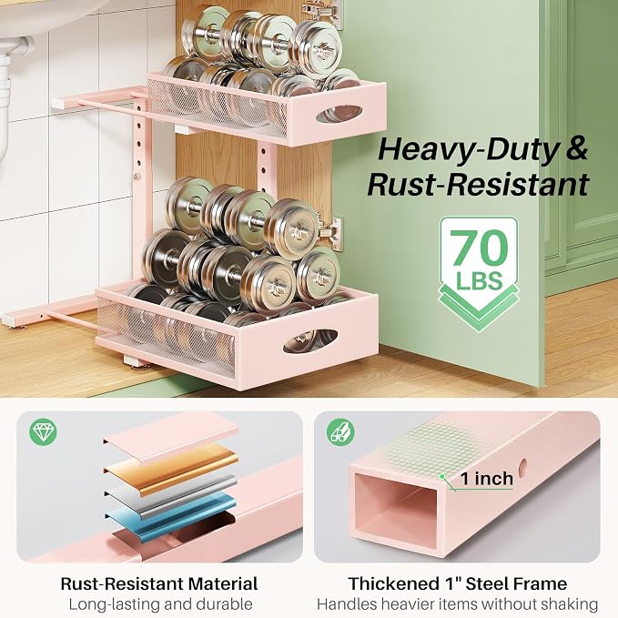 Under Sink Organizer, 2-Pack Pull Out Cabinet Organizer 2 Tier Metal Slide Out Storage Shelf Rack, L-Shaped Adjustable Height,Mesh Sliding Drawer for Kitchen, Bathroom, Laundry, Pantry, Pink, XL
