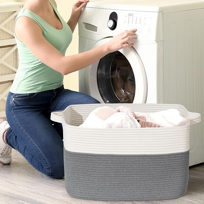 Large Blanket Basket, 60L Storage Baskets for Organizing, Woven Laundry Basket for Blankets, Cotton rope Blanket Storage for Living Room, Nursery Room, 19.7" L x 15.74" W x 11.8" H, Gray