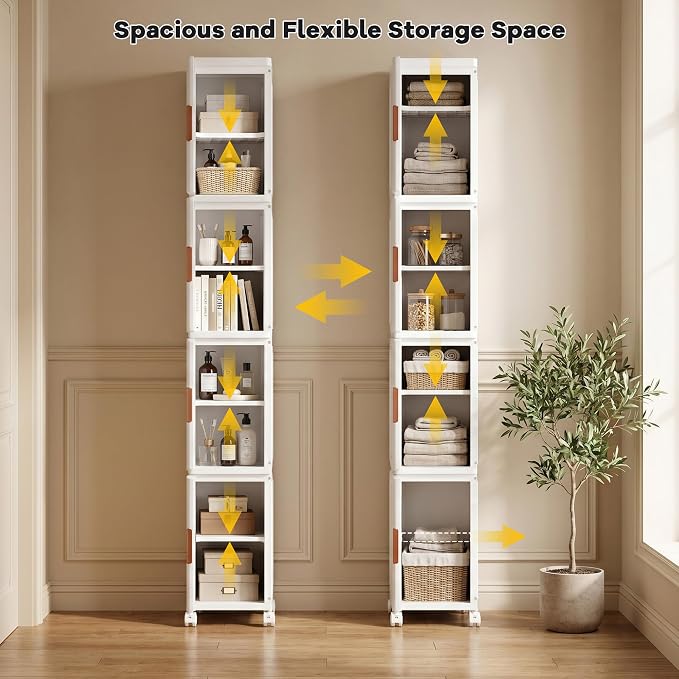 4-Tier Tall Narrow Plastic Storage Cabinet of 2, Foldable | Rolling Organizer with Lid,Doors,Stackable, Adjustable Shelves, Durable PP,Freestanding Bathroom Cabinet for Small Slim Space