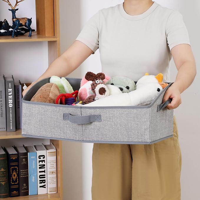 2 Pack Dog Toy Basket, Collapsible Dog Toy Bin with Handles, Gray | Large Capacity Trapezoid Toy Box for Living Room Area, Low Front for Short-Legged Dogs, Organize Pet Supplies & Home Storage