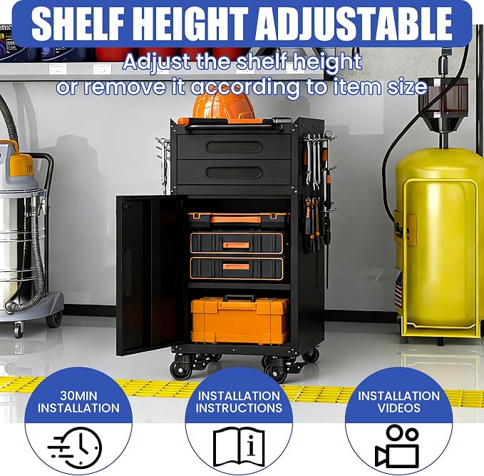 Metal Mobile Tool Storage Cabinet with 1 Locking Door and 2 Drawer | Black Heavy Duty Rolling Tool Cabinets for Garage,Metal Storage Cabinets with Wheels,Assembly Required
