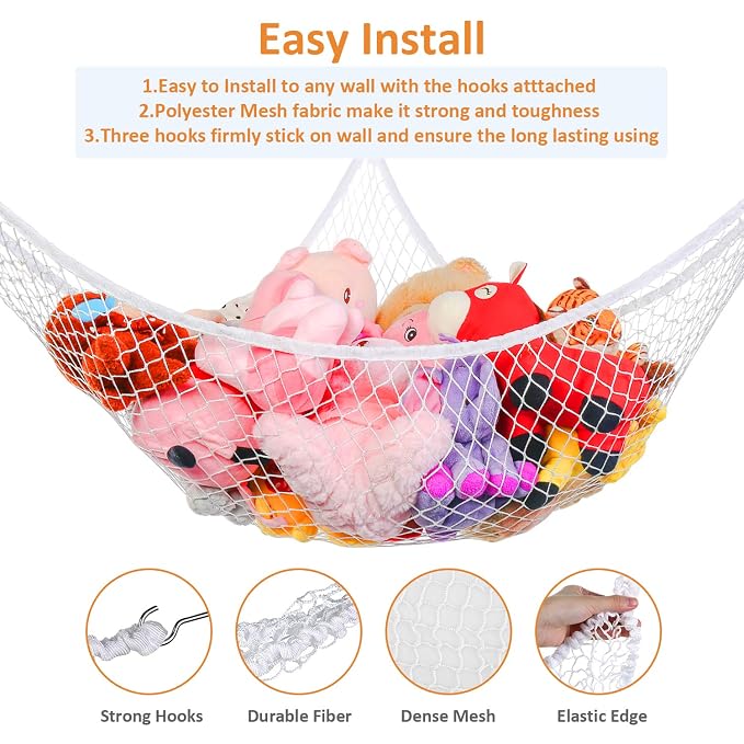 Toy Hammock, Stuffed Animals Hammock, Jumbo Toy Storage Net 83" Wall Sling Corner Extra Large Kids Children Mesh Toy Net Organizer (White, 83 Inch)