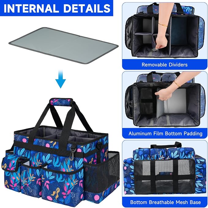 Cleaning Organizer, Large Caddy Bag for Supplies, Housekeeper's Bag with Handle (Blue Leaf)