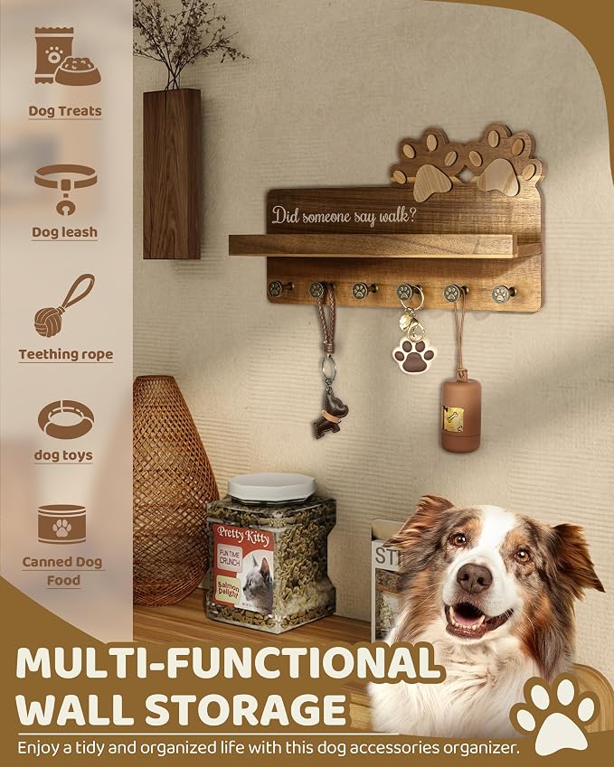 MTERSN Acacia Wood Dog Leash Holder for Wall with Shelf & 6 Hooks, Brown | 3D Doy Paw Six Hooks, Dog Leash Holder for Keys & Sunglasses, Wall Organizer for Entryway, Cute Home Accent for Wall Decor