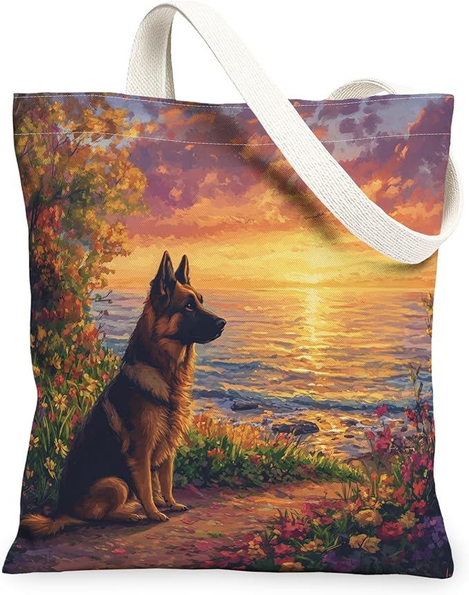 Spring German Shepherd Dog Canvas Tote Bag for Shopping 13 * 15, Floral Sea Landscape Reusable Grocery Shoulder Bag for Women, Pet Painting Gift Decoration