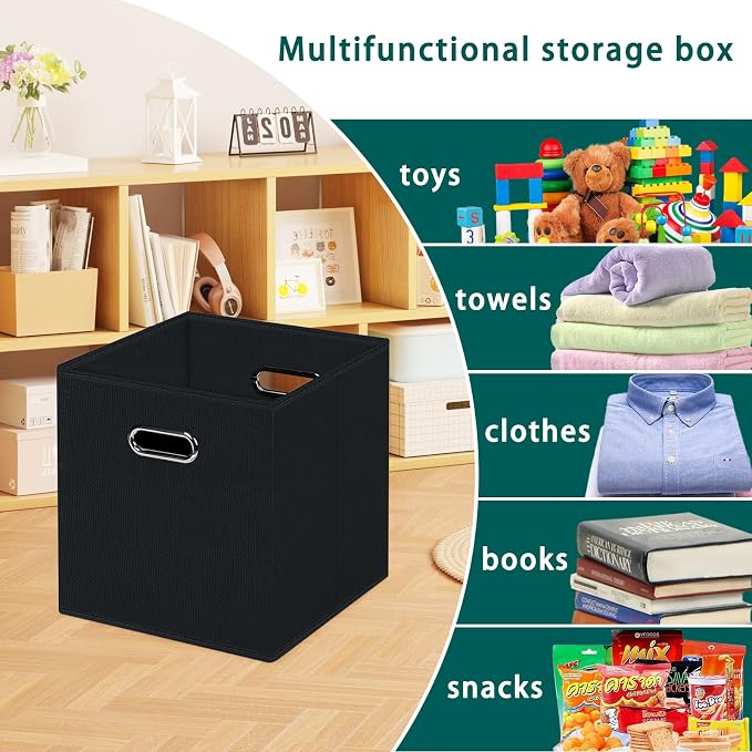 Black Foldable Storage Cubes Bins, Fabric Storage Box Cubes Organizer Baskets with Dual Handles for Home Organizer,Set of 6,(Black)