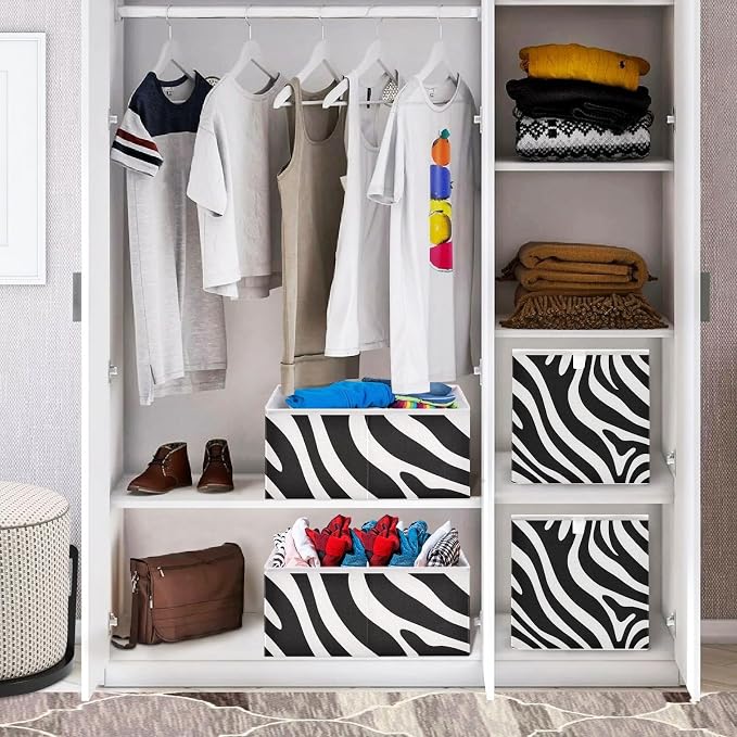 Black and White Zebra Print Cube Storage Bins Collapsible Fabric Storage Baskets Large Clothes Organizer Box for Bedroom Living Room Study Room 11×11×11 In