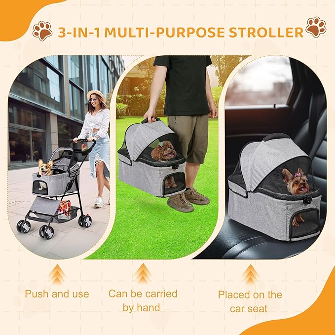ZENY Pet Stroller, 3 in1 Foldable Dog Cat Jogger Stroller with 4 Wheels | Detachable Basket and Cup Holder, Travel Folding Carrier for Small/Medium Pet (Gray)
