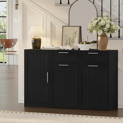 Double 13 Gallon Pull Out Trash Can Cabinet with Storage Cabinet,Black | Pet Proof Hidden Garbage Can Cabinet,3-Tier Shelves,Fluted Design,Extra Drawer Space,Kitchen & Dining Room Organization