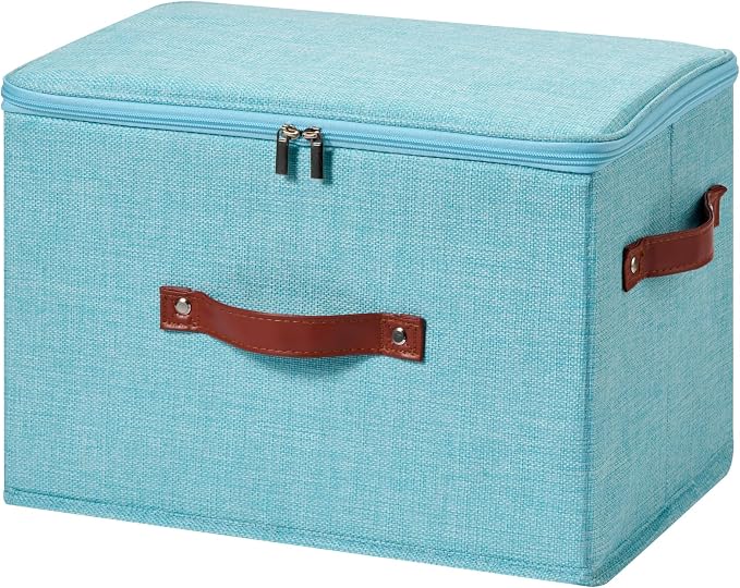 Storage Bin Box with Zippered Lid Decorative Collapsible Basket | Cotton Linen Fabric, Washable Foldable Stackable Clothes Container, Closet Shelf Organizer w/ PU Leather Handles, Blue-Large